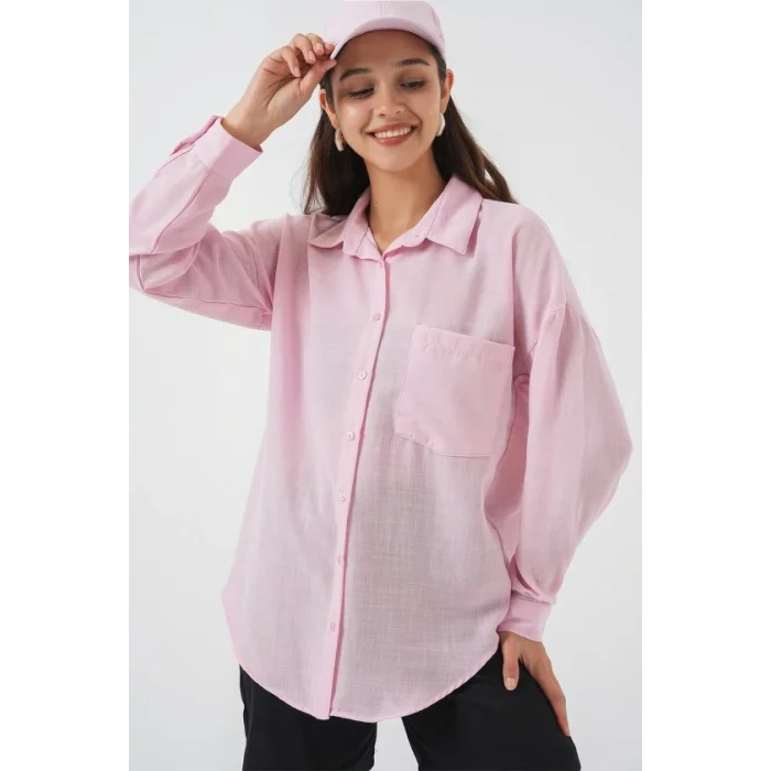 20153 Tek Cepli Oversize Keten Gömlek - A.Pudra
