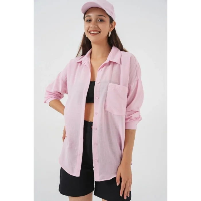 20153 Tek Cepli Oversize Keten Gömlek - A.Pudra