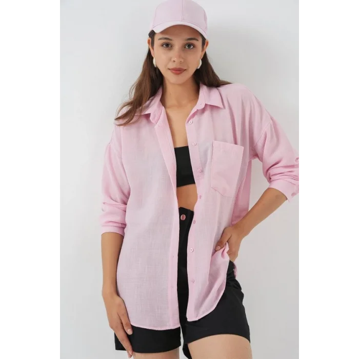 20153 Tek Cepli Oversize Keten Gömlek - A.Pudra