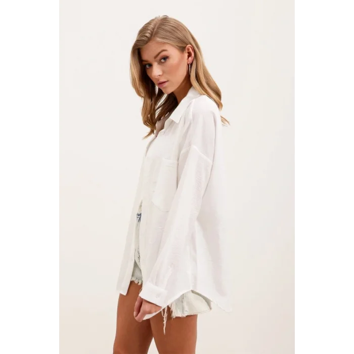 20153 Tek Cepli Oversize Keten Gömlek - Beyaz