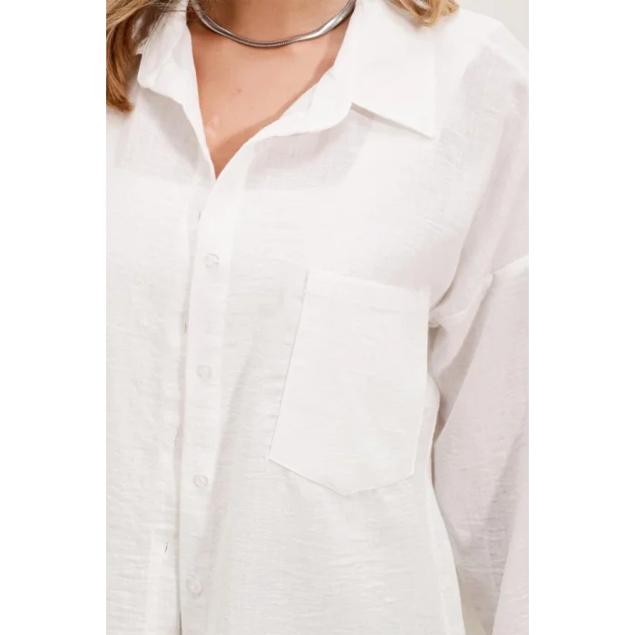 20153 Tek Cepli Oversize Keten Gömlek - Beyaz