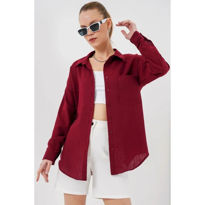 20153 Tek Cepli Oversize Keten Gömlek - Bordo