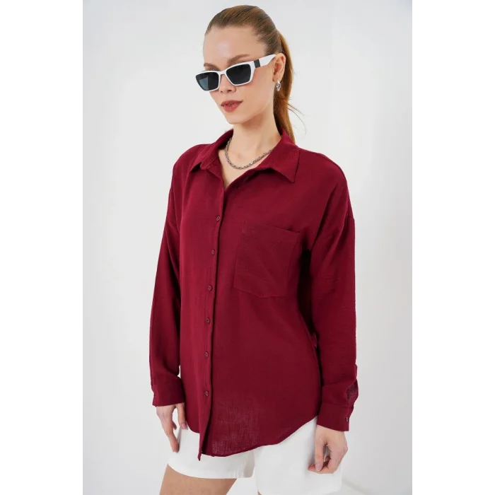 20153 Tek Cepli Oversize Keten Gömlek - Bordo