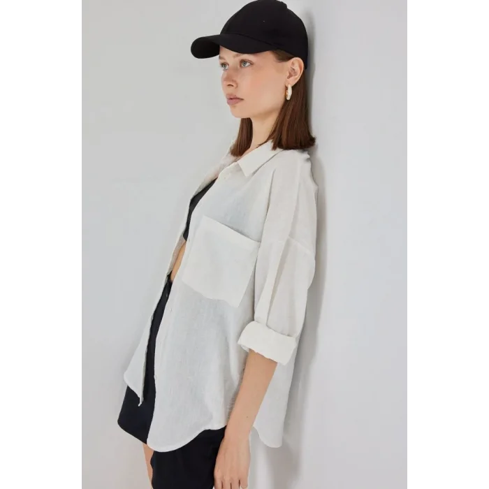 20153 Tek Cepli Oversize Keten Gömlek - Ekru