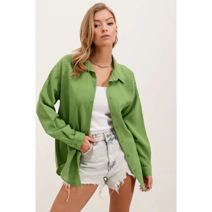 20153 Tek Cepli Oversize Keten Gömlek - E.Yeşil