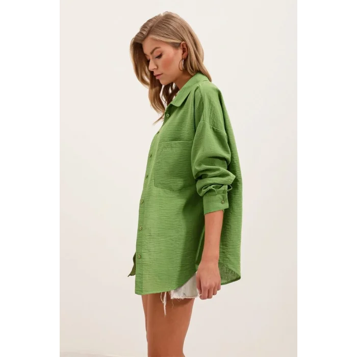 20153 Tek Cepli Oversize Keten Gömlek - E.Yeşil