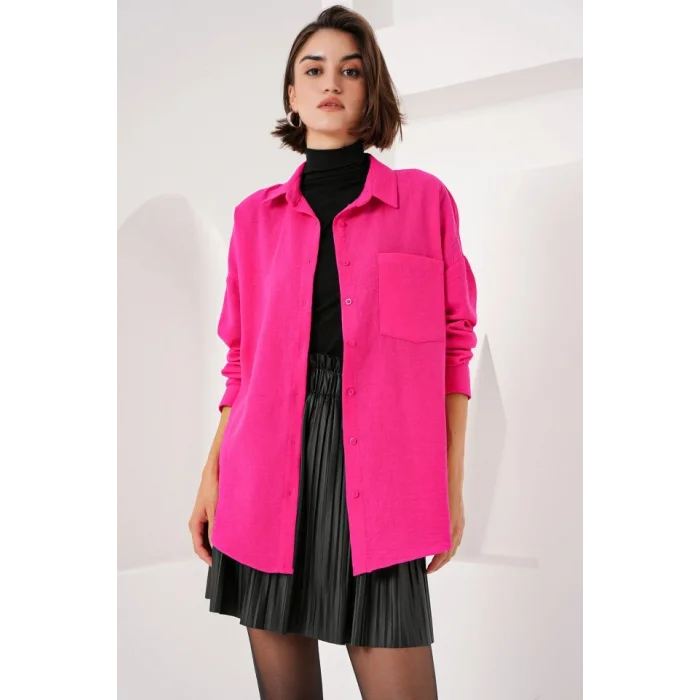 20153 Tek Cepli Oversize Keten Gömlek - Fuşya