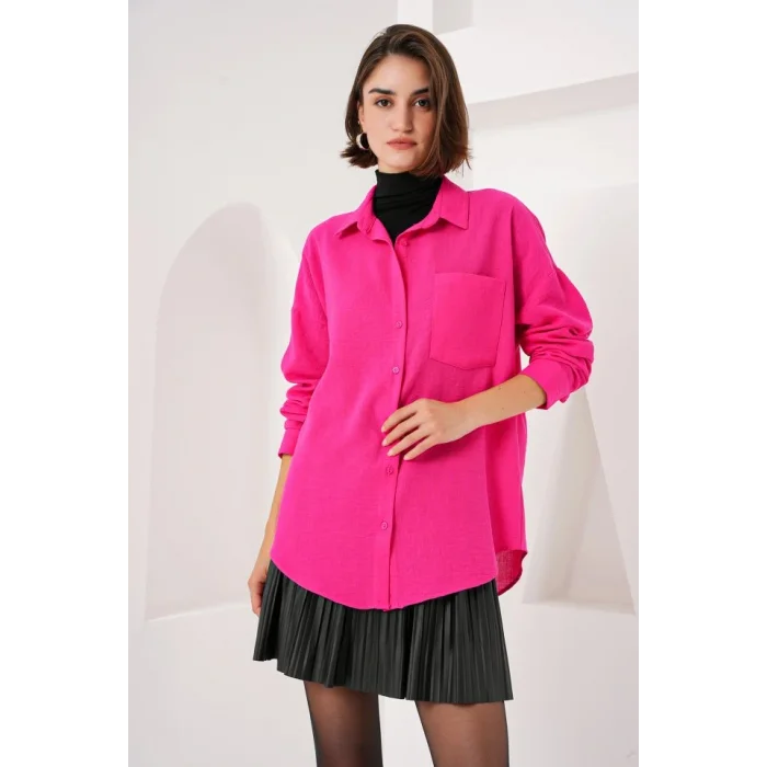 20153 Tek Cepli Oversize Keten Gömlek - Fuşya