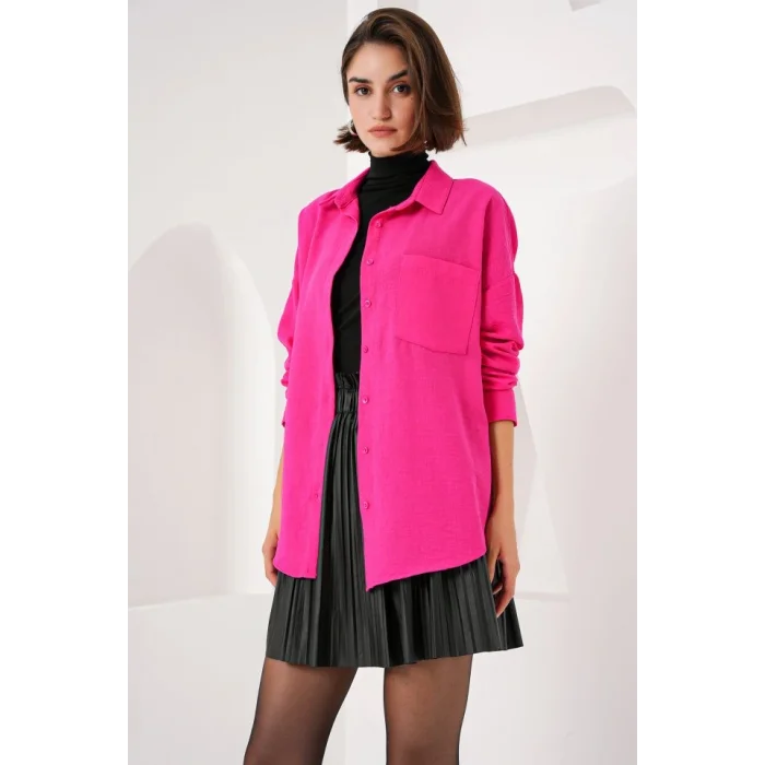 20153 Tek Cepli Oversize Keten Gömlek - Fuşya