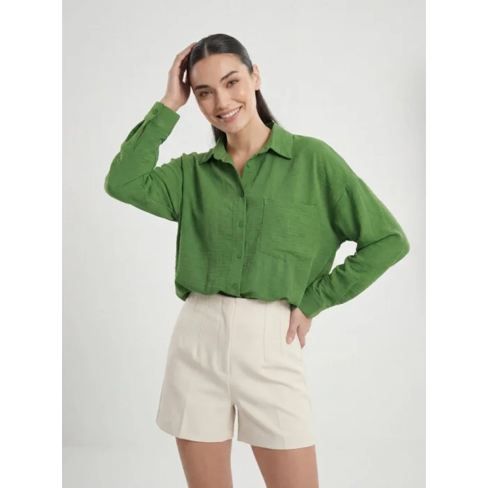 20153 Tek Cepli Oversize Keten Gömlek - G.Yeşil