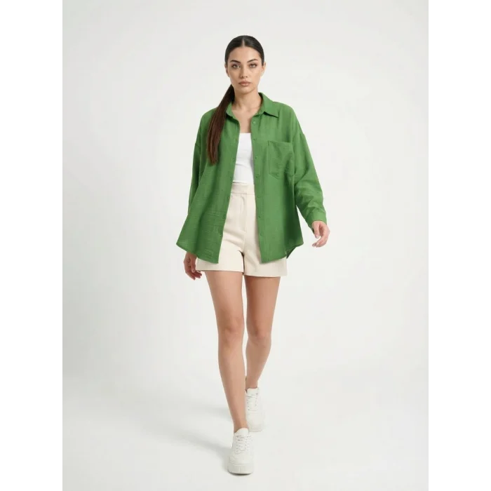 20153 Tek Cepli Oversize Keten Gömlek - G.Yeşil