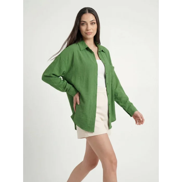 20153 Tek Cepli Oversize Keten Gömlek - G.Yeşil