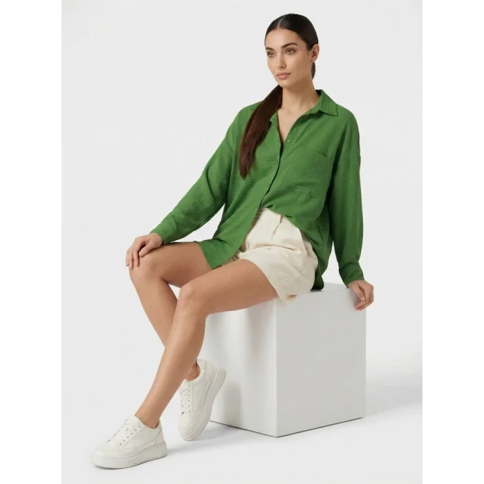 20153 Tek Cepli Oversize Keten Gömlek - G.Yeşil