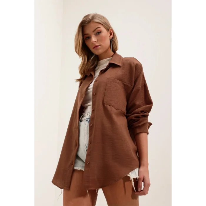 20153 Tek Cepli Oversize Keten Gömlek - Kahverengi