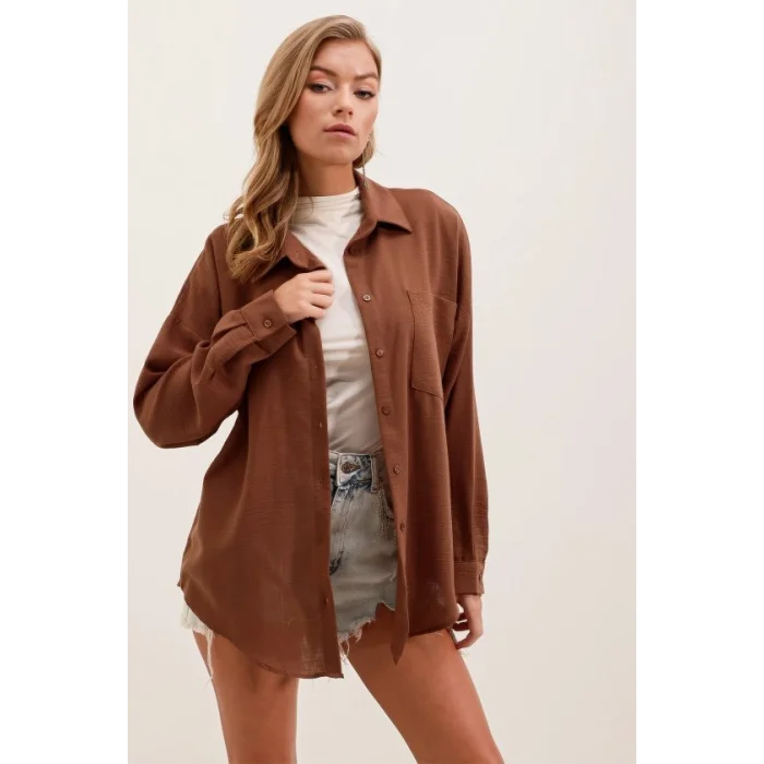 20153 Tek Cepli Oversize Keten Gömlek - Kahverengi