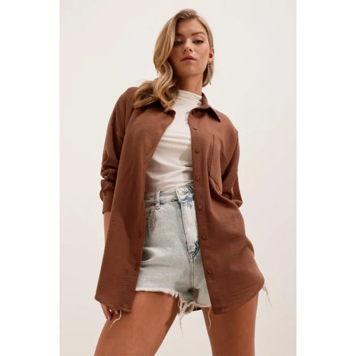 20153 Tek Cepli Oversize Keten Gömlek - Kahverengi