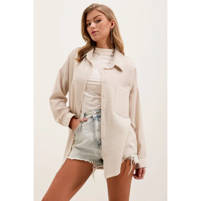 20153 Tek Cepli Oversize Keten Gömlek - Krem