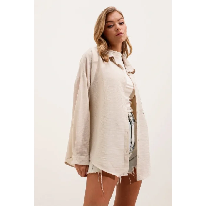 20153 Tek Cepli Oversize Keten Gömlek - Krem