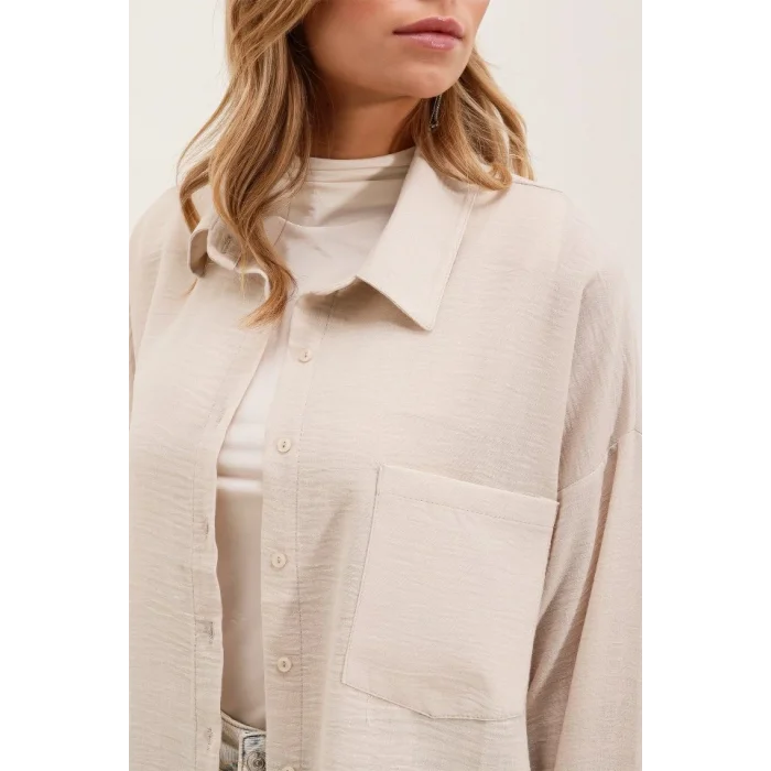 20153 Tek Cepli Oversize Keten Gömlek - Krem