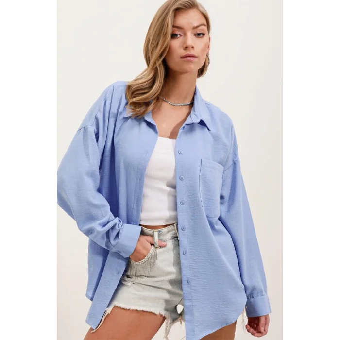 20153 Tek Cepli Oversize Keten Gömlek - Mavi