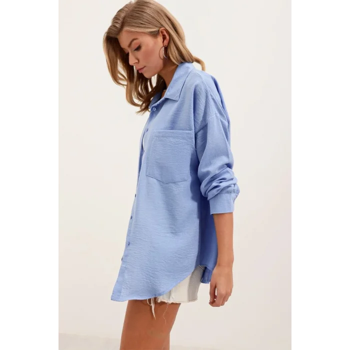 20153 Tek Cepli Oversize Keten Gömlek - Mavi