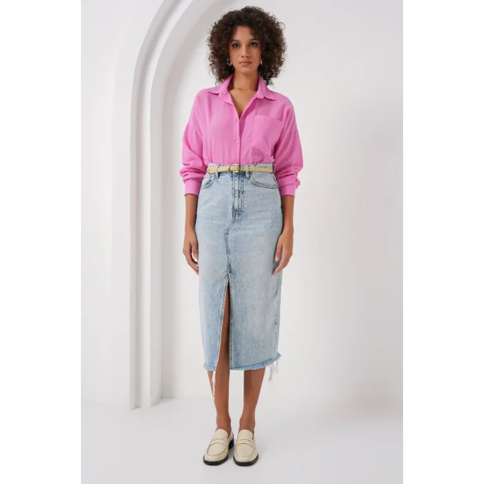 20153 Tek Cepli Oversize Keten Gömlek - Pembe