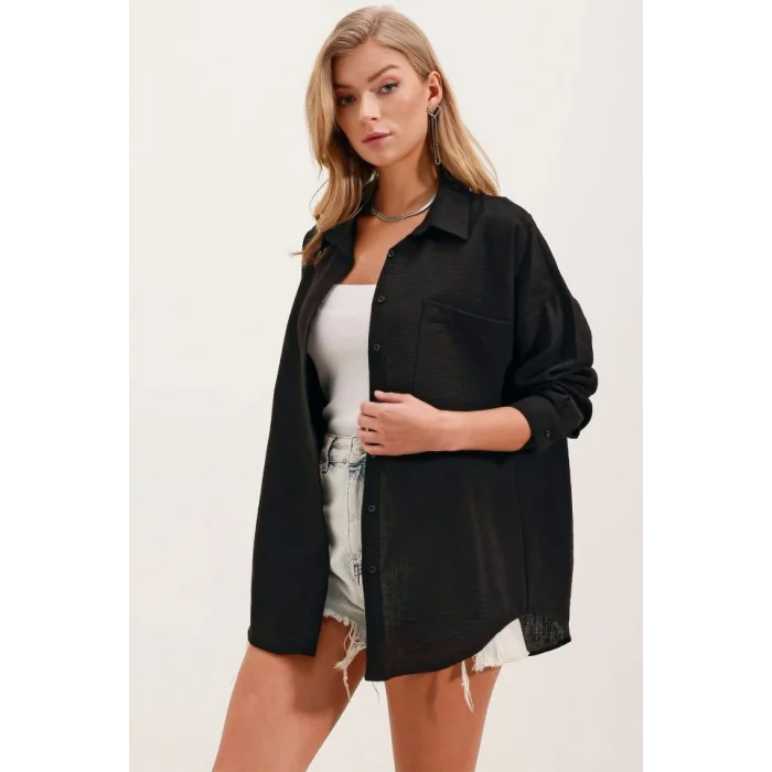 20153 Tek Cepli Oversize Keten Gömlek - Siyah