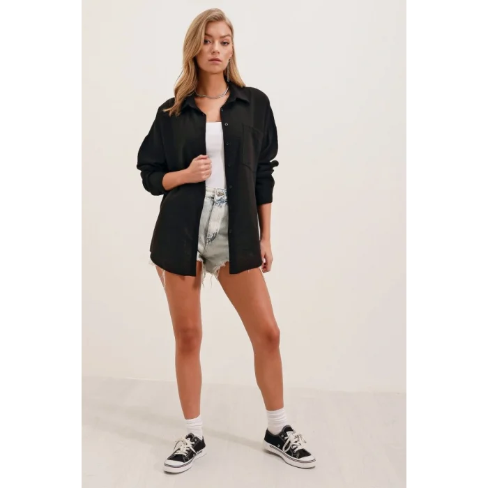 20153 Tek Cepli Oversize Keten Gömlek - Siyah