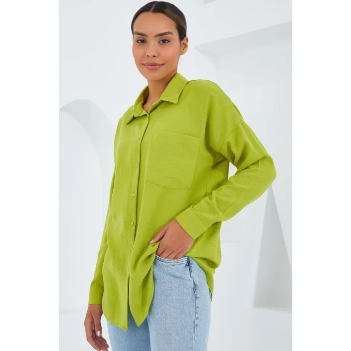 20153 Tek Cepli Oversize Keten Gömlek - Yağ Yeşil