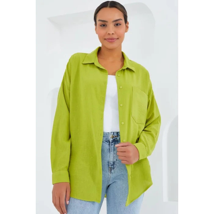 20153 Tek Cepli Oversize Keten Gömlek - Yağ Yeşil