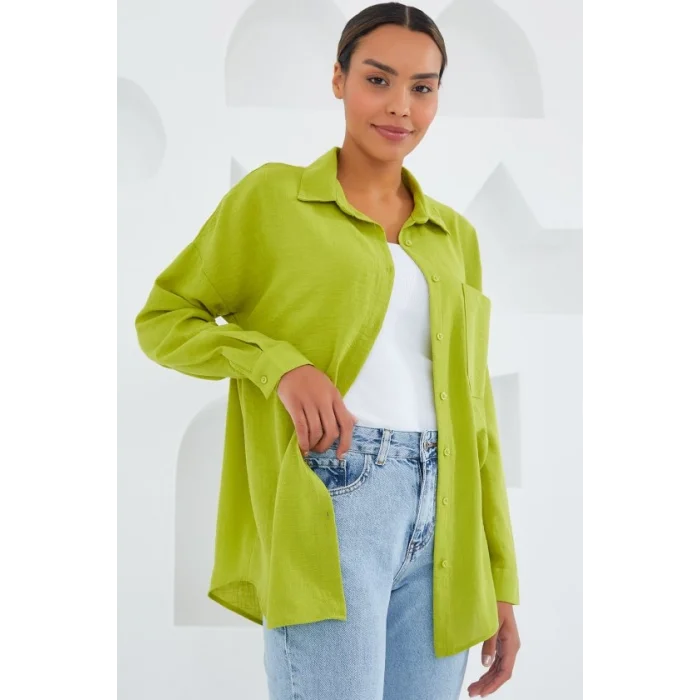 20153 Tek Cepli Oversize Keten Gömlek - Yağ Yeşil