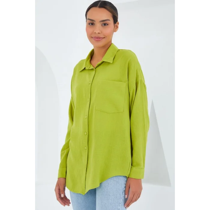 20153 Tek Cepli Oversize Keten Gömlek - Yağ Yeşil