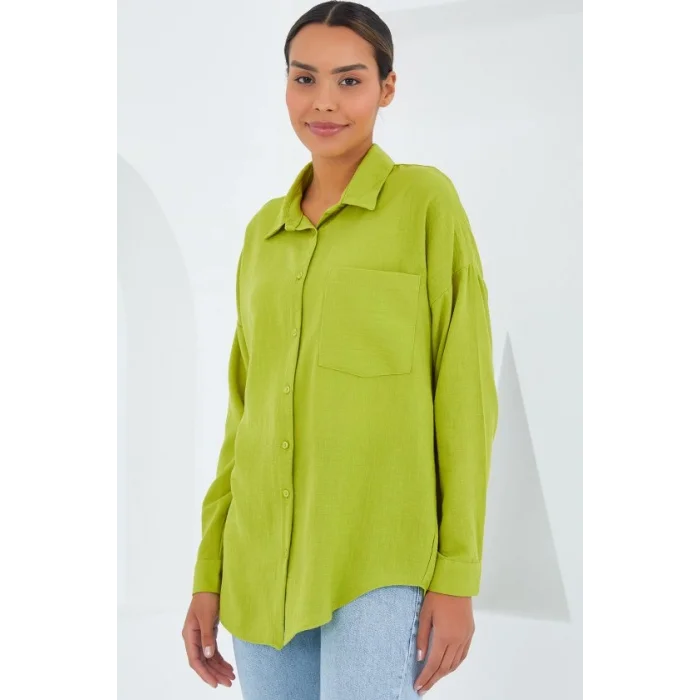 20153 Tek Cepli Oversize Keten Gömlek - Yağ Yeşil