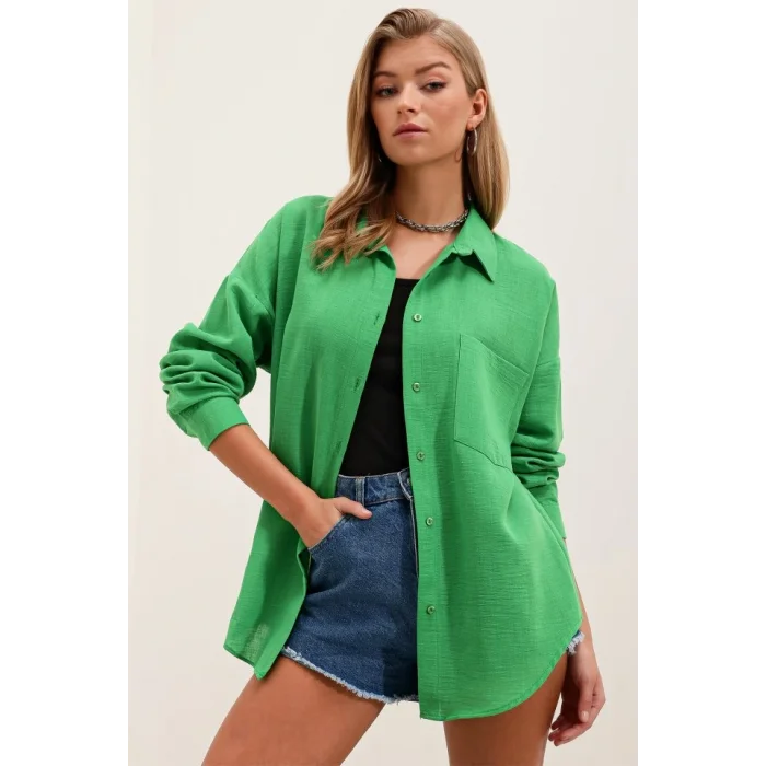 20153 Tek Cepli Oversize Keten Gömlek - Yeşil