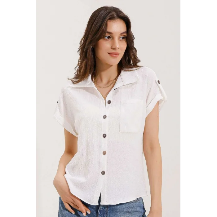 20187 Kısa Kol Oversize Örme Gömlek - Beyaz