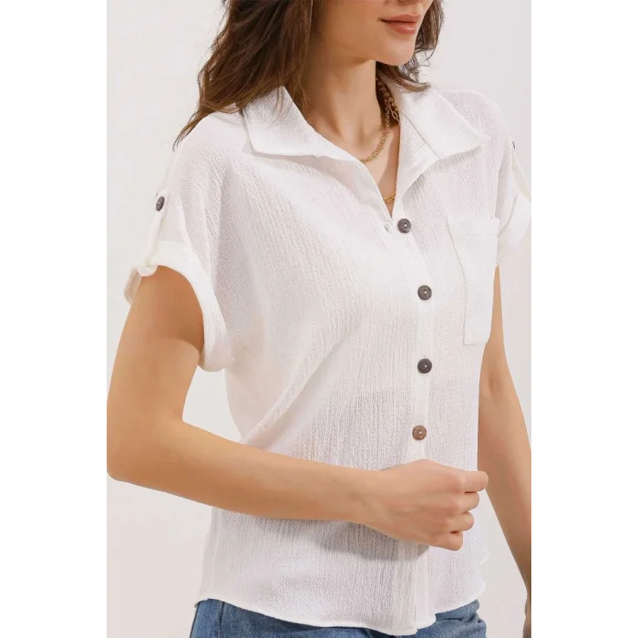 20187 Kısa Kol Oversize Örme Gömlek - Beyaz