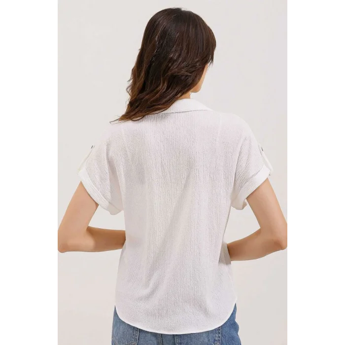 20187 Kısa Kol Oversize Örme Gömlek - Beyaz