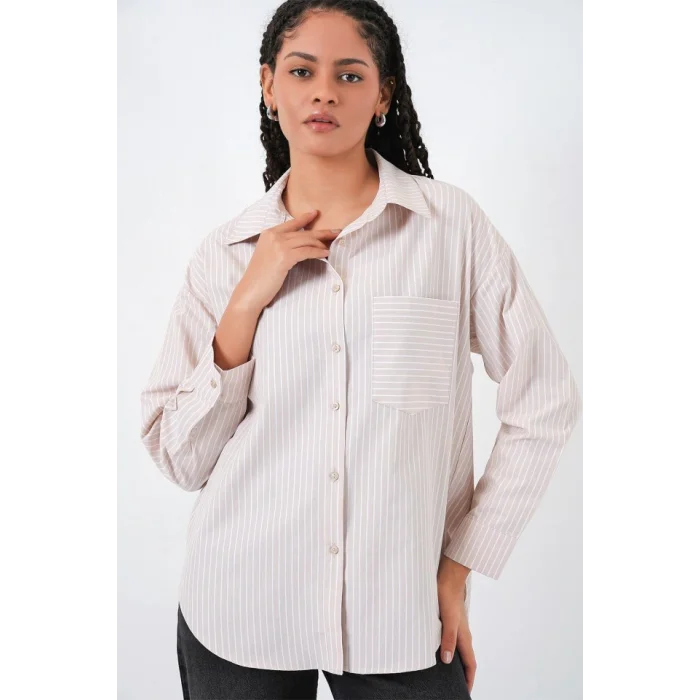 20205 Çizgili Oversize Gömlek - Krem