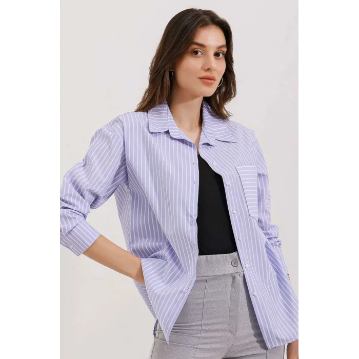 20205 Çizgili Oversize Gömlek - Mavi