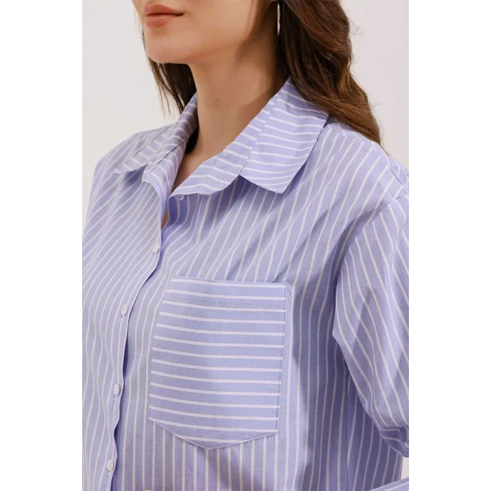 20205 Çizgili Oversize Gömlek - Mavi