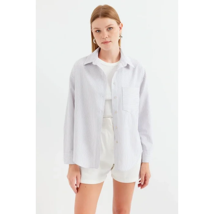 20212 Tek Cepli Çizgili Oversize Gömlek - Bej