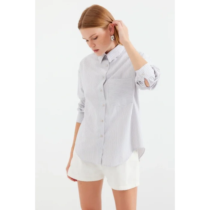20212 Tek Cepli Çizgili Oversize Gömlek - Bej