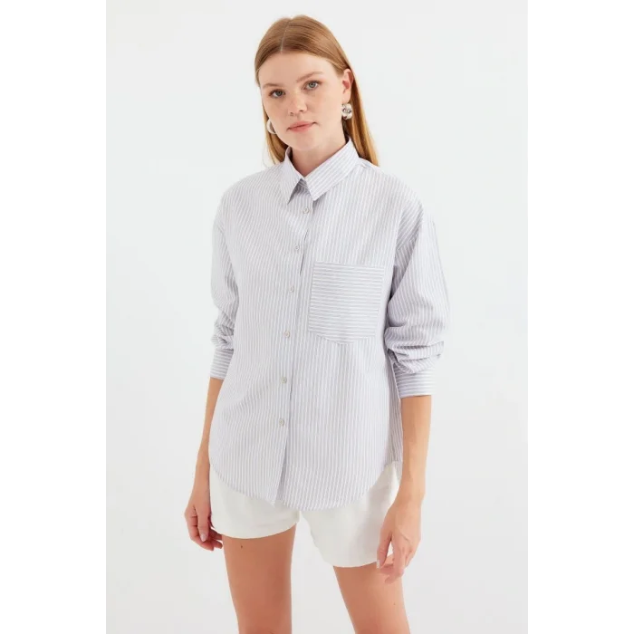 20212 Tek Cepli Çizgili Oversize Gömlek - Bej