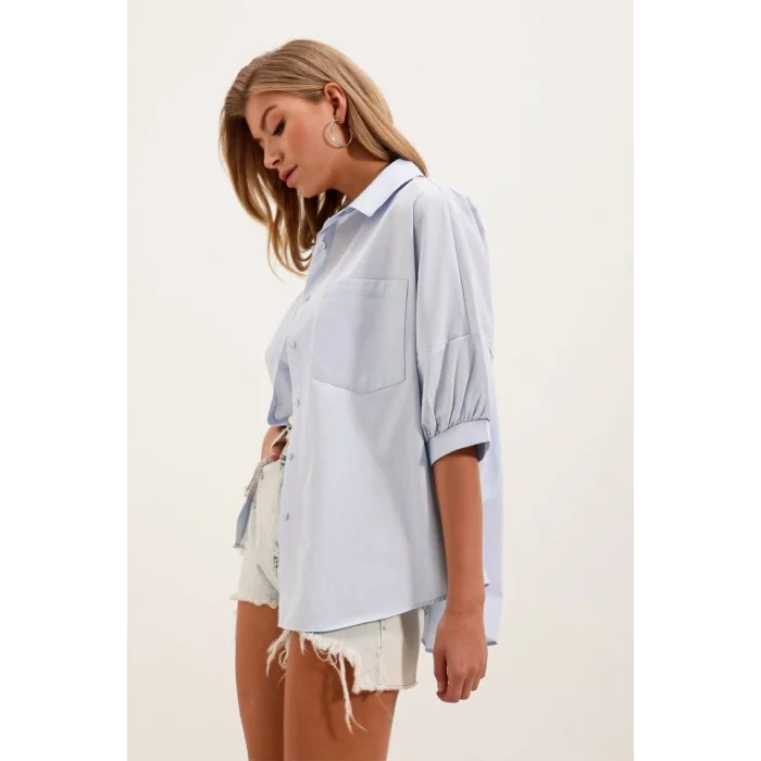 20213 Oversize Kısa Kol Basic Gömlek - Bebe Mavi