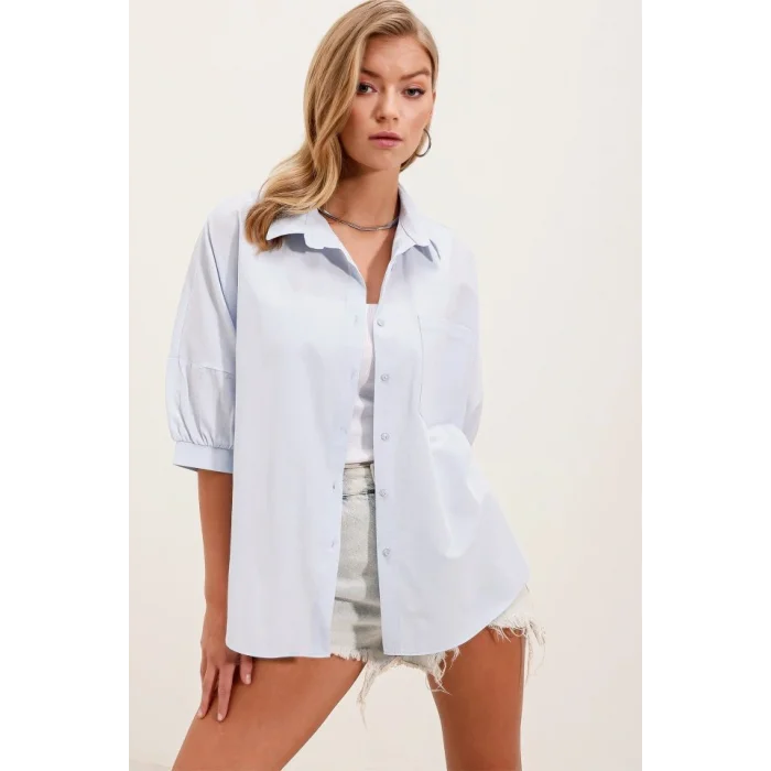 20213 Oversize Kısa Kol Basic Gömlek - Bebe Mavi