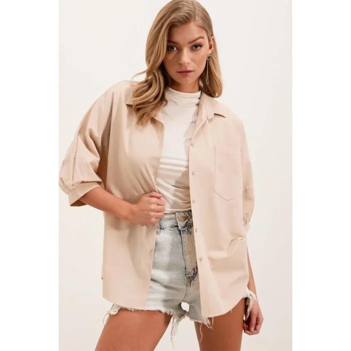 20213 Oversize Kısa Kol Basic Gömlek - Krem