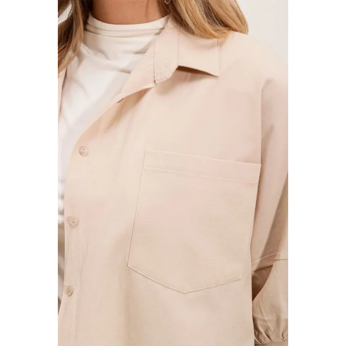 20213 Oversize Kısa Kol Basic Gömlek - Krem