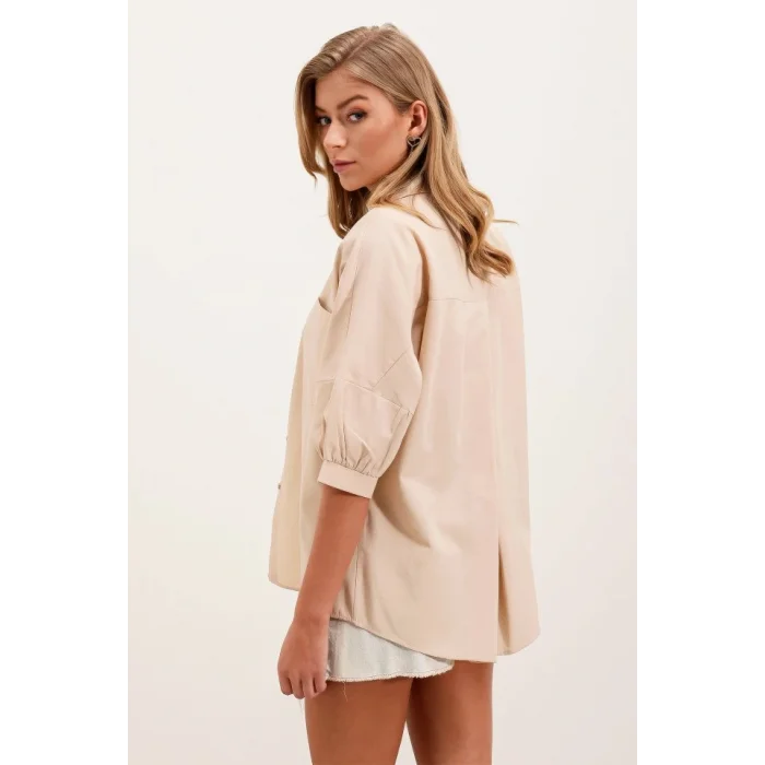 20213 Oversize Kısa Kol Basic Gömlek - Krem