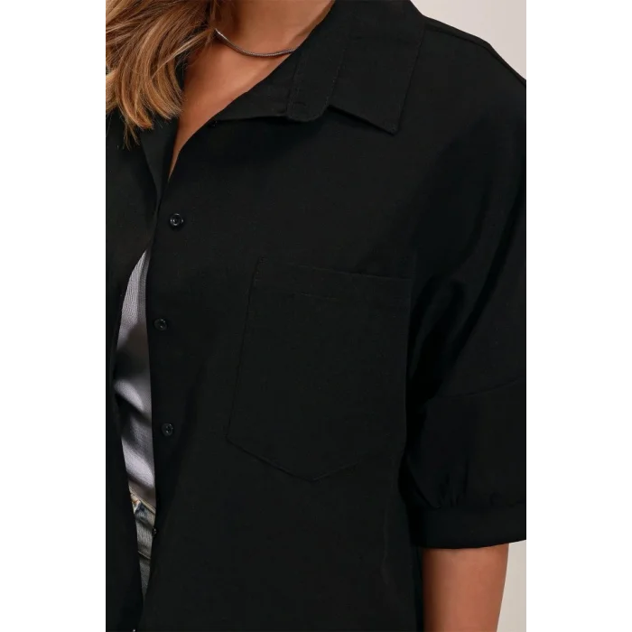 20213 Oversize Kısa Kol Basic Gömlek - Siyah