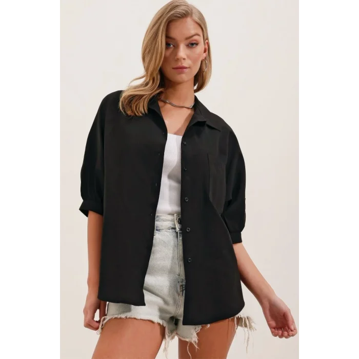 20213 Oversize Kısa Kol Basic Gömlek - Siyah